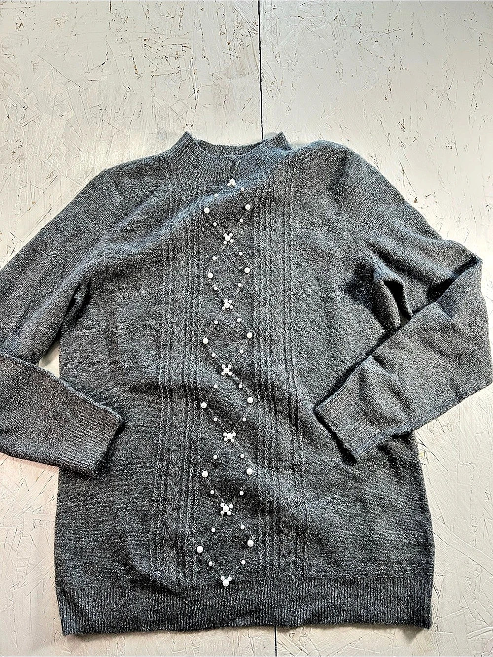 ELLE Embellished Mock Neck Sweater in Gray Size Medium
